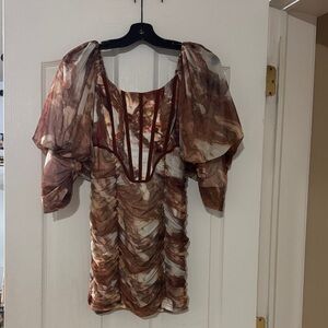 Sheer Ruched Puff-Sleeve Women’s dress in Brown Marble Print